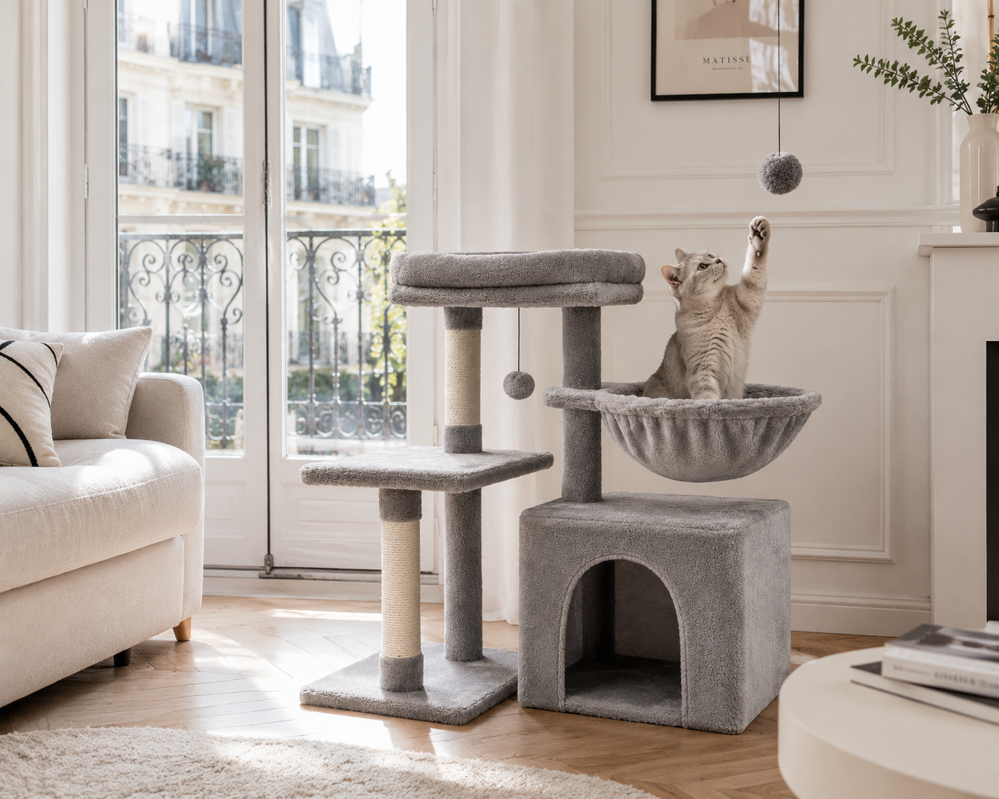 Arbre à chat 3 niveaux avec hamac et perchoir – 73 cm – Bois & Sisal