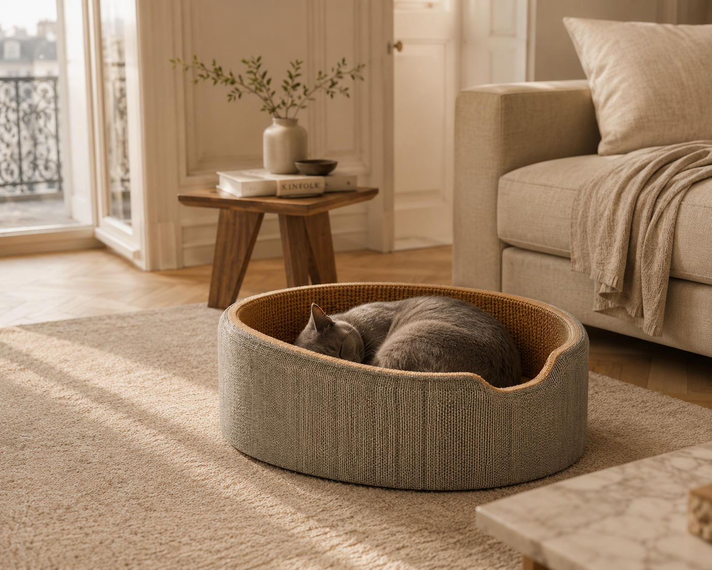 Lit-griffoir ovale 2-en-1 pour chat – Sisal naturel