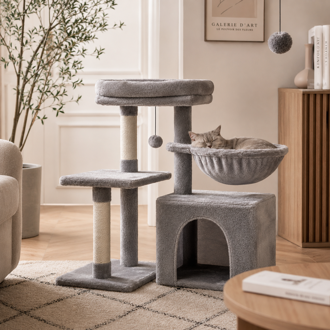 Arbre à chat 3 niveaux avec hamac et perchoir – 73 cm – Bois & Sisal